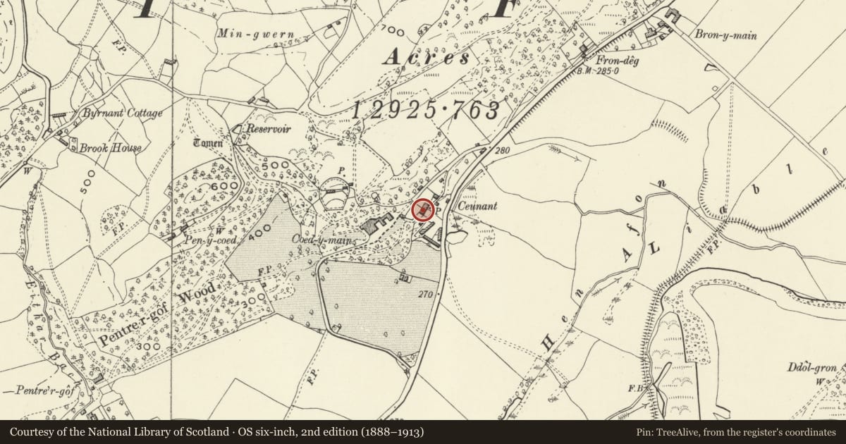 Ordnance Survey six-inch map, 2nd edition (1888–1913) covering the location of Ceunant Farmhouse, Meifod, Powys, with a pin at the register's coordinates