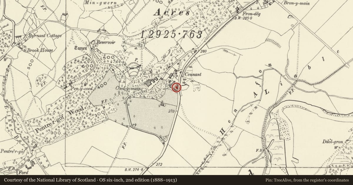 Ordnance Survey six-inch map, 2nd edition (1888–1913) covering the location of Straw Barn at Ceunant Farm, Meifod, Powys, with a pin at the register's coordinates