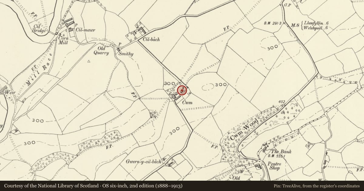 Ordnance Survey six-inch map, 2nd edition (1888–1913) covering the location of Cwm Farmhouse, Meifod, Powys, with a pin at the register's coordinates