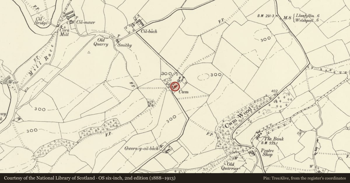Ordnance Survey six-inch map, 2nd edition (1888–1913) covering the location of Straw Barn at Cwm, Meifod, Powys, with a pin at the register's coordinates