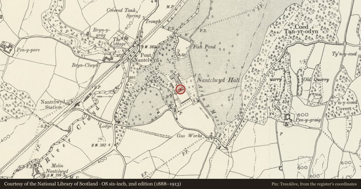 Ordnance Survey six-inch map, 2nd edition (1888–1913) covering the location of Walled Garden to the south-east of Nantclwyd Hall, with gazebos and pavilions, Llanelidan, Denbighshire, with a pin at the register's coordinates