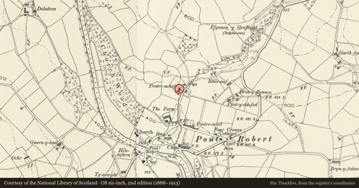 Ordnance Survey six-inch map, 2nd edition (1888–1913) covering the location of John Hughes Memorial Chapel (Pontrobert Chapel), Llangyniew, Powys, with a pin at the register's coordinates