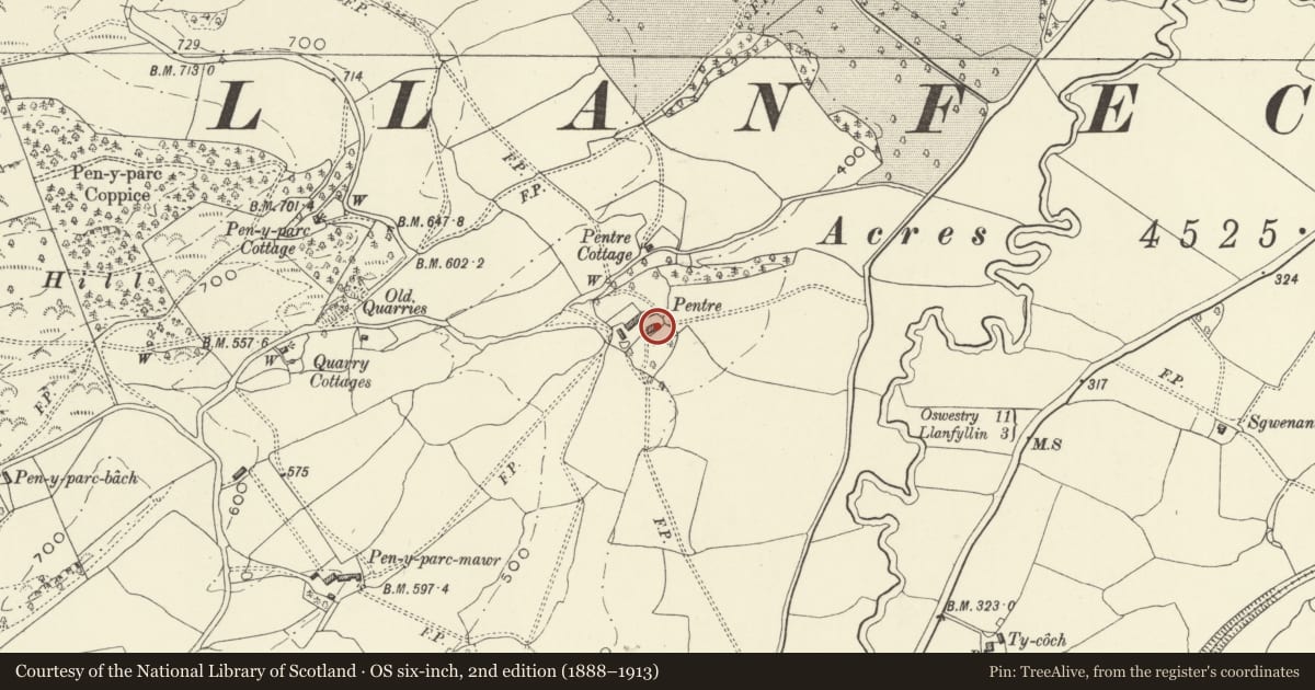 Ordnance Survey six-inch map, 2nd edition (1888–1913) covering the location of Pentre, Llanfechain, Powys, with a pin at the register's coordinates