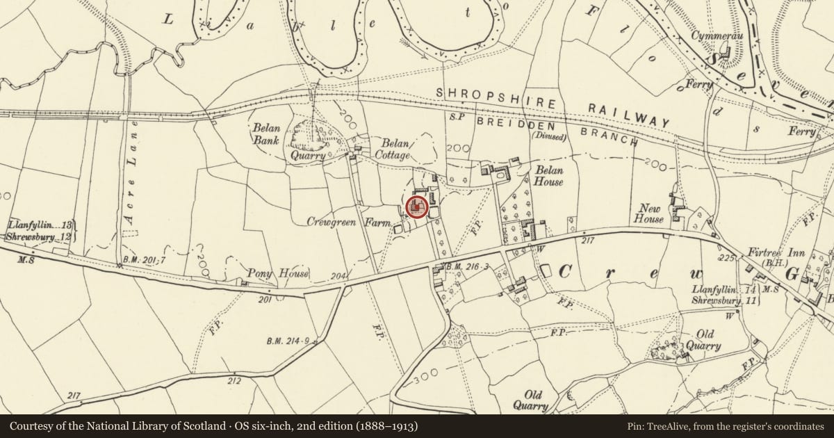 Ordnance Survey six-inch map, 2nd edition (1888–1913) covering the location of Manor Farmhouse (also known as Crew Green Farmhouse), Bausley with Criggion, Powys, with a pin at the register's coordinates