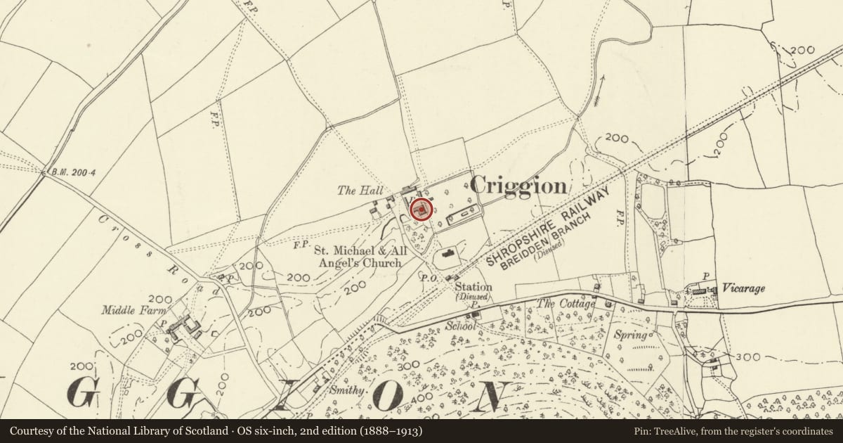 Ordnance Survey six-inch map, 2nd edition (1888–1913) covering the location of Criggion Hall, Bausley with Criggion, Powys, with a pin at the register's coordinates