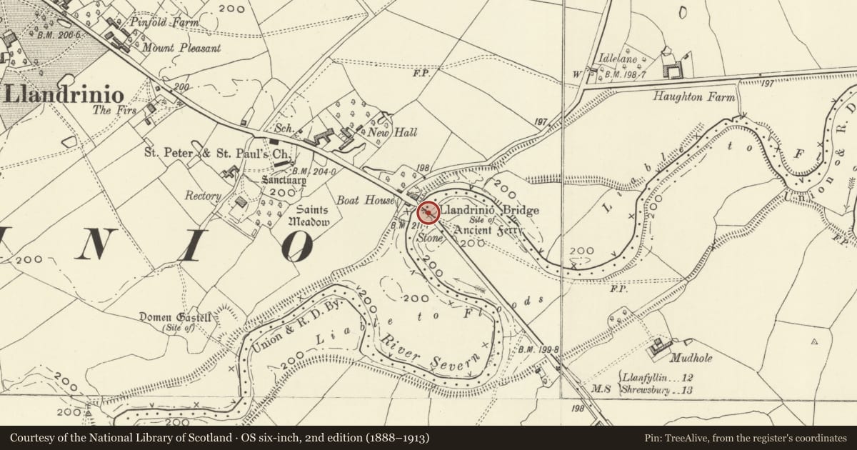 Ordnance Survey six-inch map, 2nd edition (1888–1913) covering the location of Llandrinio Bridge (partly in Llandrinio community), Bausley with Criggion, Powys, with a pin at the register's coordinates