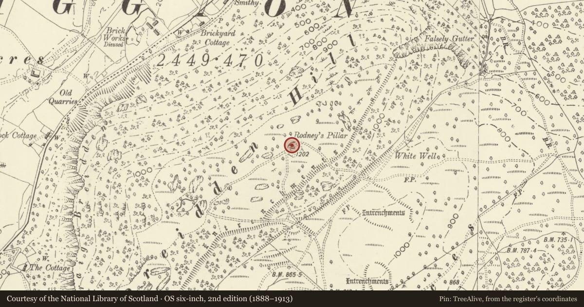 Ordnance Survey six-inch map, 2nd edition (1888–1913) covering the location of Admiral Rodney's Pillar, Bausley with Criggion, Powys, with a pin at the register's coordinates
