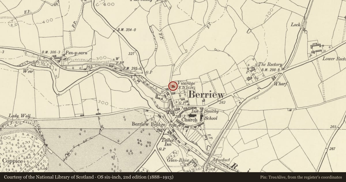 Ordnance Survey six-inch map, 2nd edition (1888–1913) covering the location of The Vicarage, Berriew, Powys, with a pin at the register's coordinates