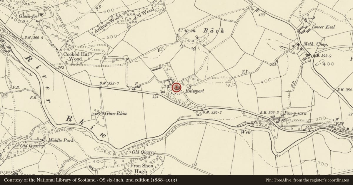 Ordnance Survey six-inch map, 2nd edition (1888–1913) covering the location of Rhiewport, Berriew, Powys, with a pin at the register's coordinates