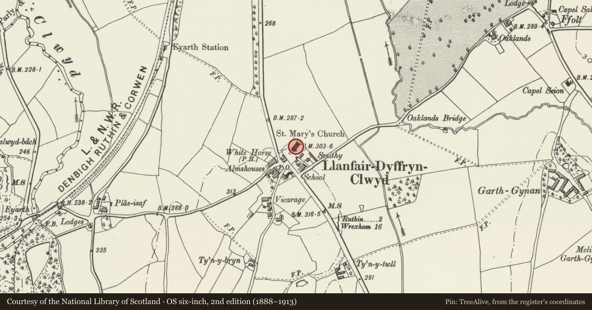 Ordnance Survey six-inch map, 2nd edition (1888–1913) covering the location of Church of St Cynfarch and St Mary, Llanfair Dyffryn Clwyd, Denbighshire, with a pin at the register's coordinates