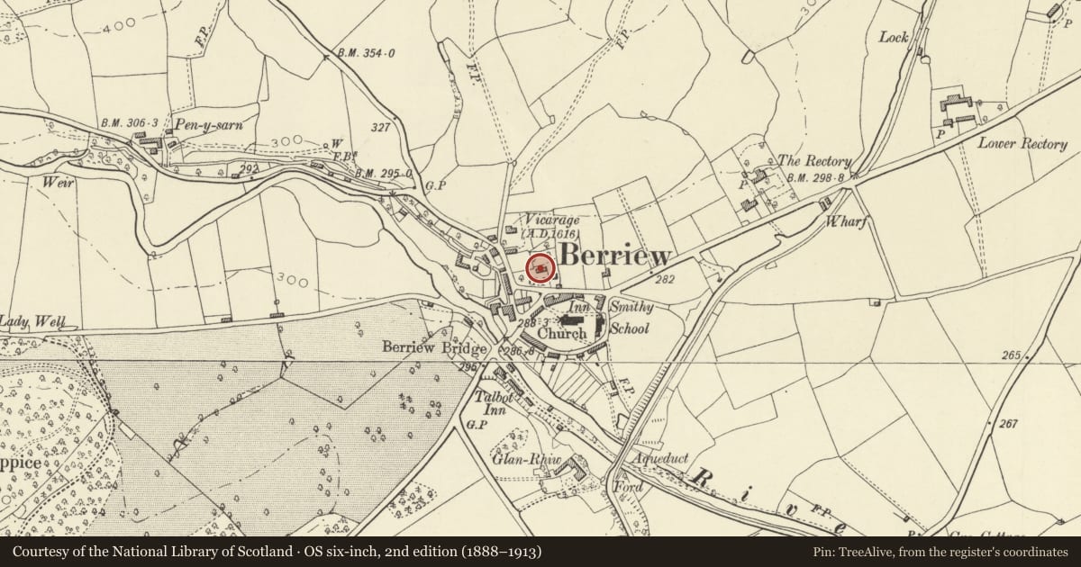 Ordnance Survey six-inch map, 2nd edition (1888–1913) covering the location of The Farmhouse, Berriew, Powys, with a pin at the register's coordinates