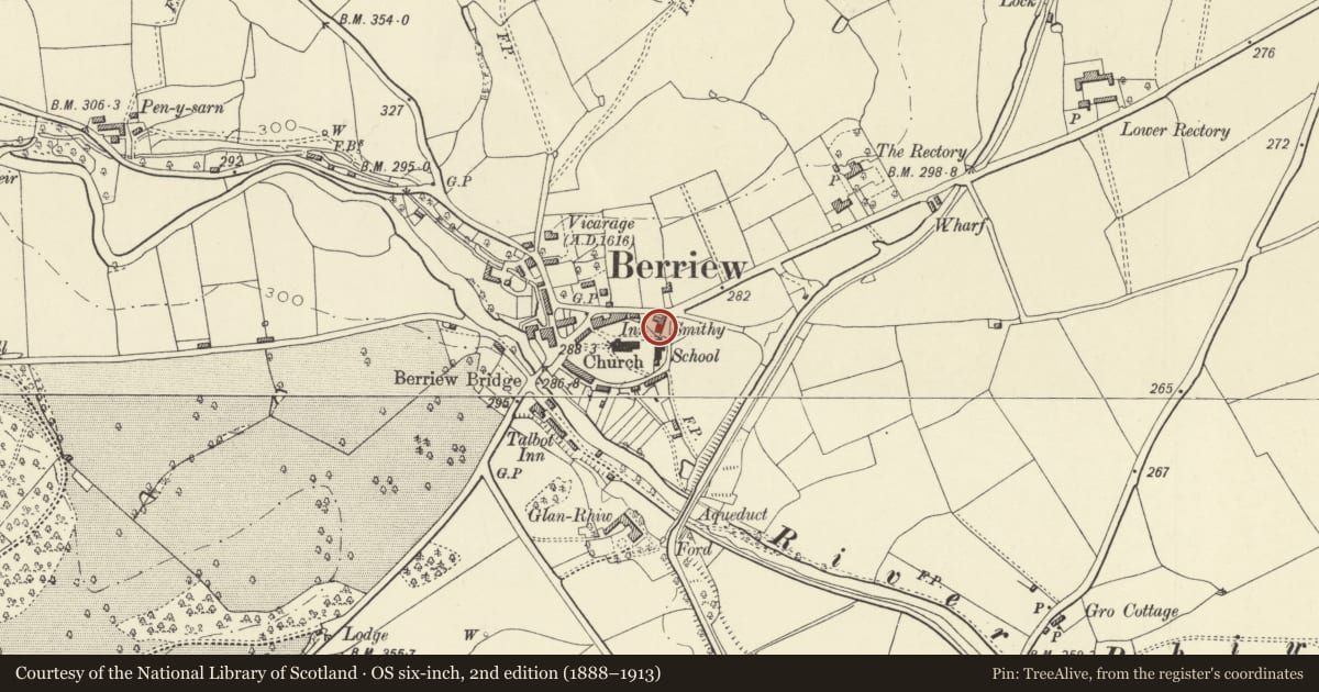 Ordnance Survey six-inch map, 2nd edition (1888–1913) covering the location of The Smithy, Berriew, Powys, with a pin at the register's coordinates