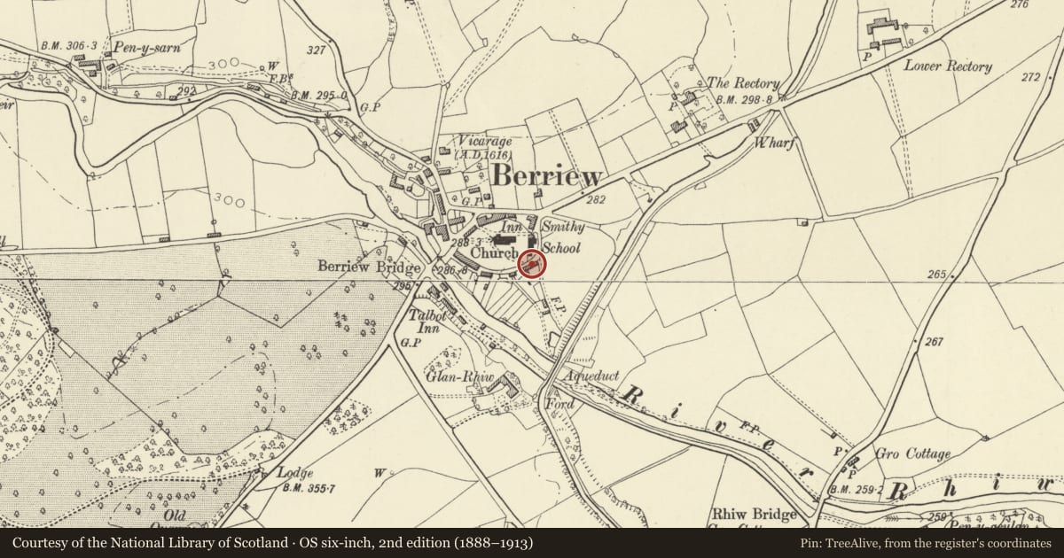 Ordnance Survey six-inch map, 2nd edition (1888–1913) covering the location of No1 with attached outbuildings, Berriew, Powys, with a pin at the register's coordinates