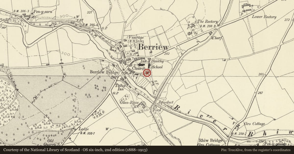 Ordnance Survey six-inch map, 2nd edition (1888–1913) covering the location of No 2 (with attached outbuildings), Berriew, Powys, with a pin at the register's coordinates