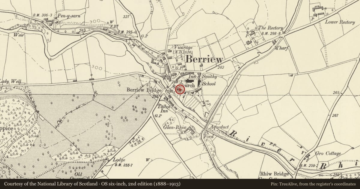 Ordnance Survey six-inch map, 2nd edition (1888–1913) covering the location of Rhiew House, Berriew, Powys, with a pin at the register's coordinates