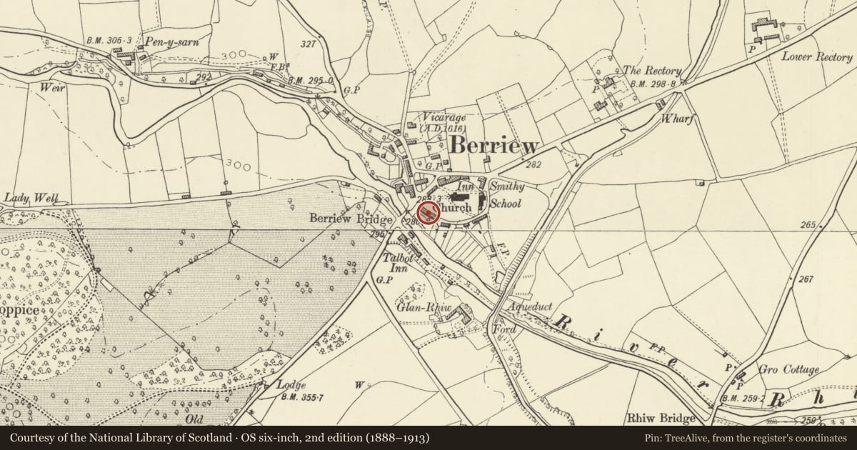 Ordnance Survey six-inch map, 2nd edition (1888–1913) covering the location of River View, Berriew, Powys, with a pin at the register's coordinates