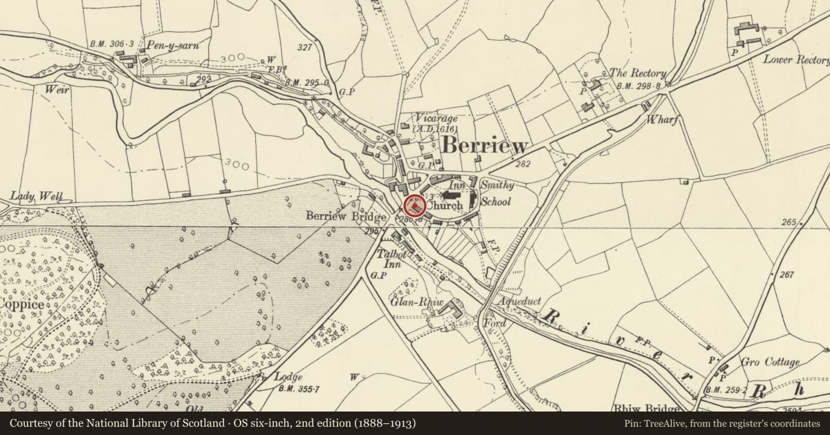 Ordnance Survey six-inch map, 2nd edition (1888–1913) covering the location of Rhiew Cottage, Berriew, Powys, with a pin at the register's coordinates