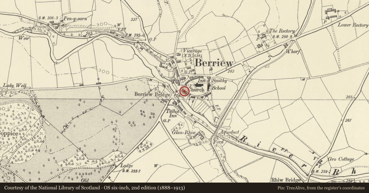 Ordnance Survey six-inch map, 2nd edition (1888–1913) covering the location of 5 Church Terrace, Berriew, Powys, with a pin at the register's coordinates
