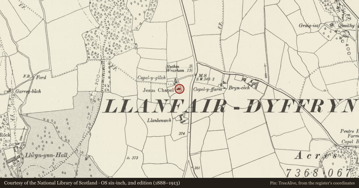 Ordnance Survey six-inch map, 2nd edition (1888–1913) covering the location of Jesus Chapel, Llanfair Dyffryn Clwyd, Denbighshire, with a pin at the register's coordinates