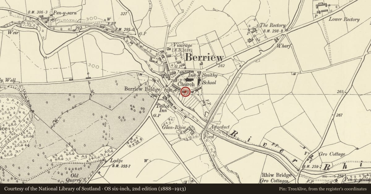 Ordnance Survey six-inch map, 2nd edition (1888–1913) covering the location of No3 (excluding modern extensions), Berriew, Powys, with a pin at the register's coordinates