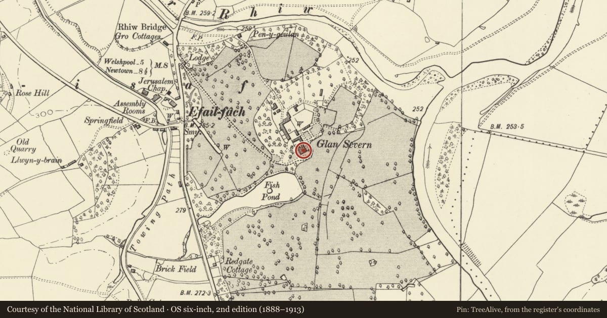 Ordnance Survey six-inch map, 2nd edition (1888–1913) covering the location of Glansevern Hall, Berriew, Powys, with a pin at the register's coordinates