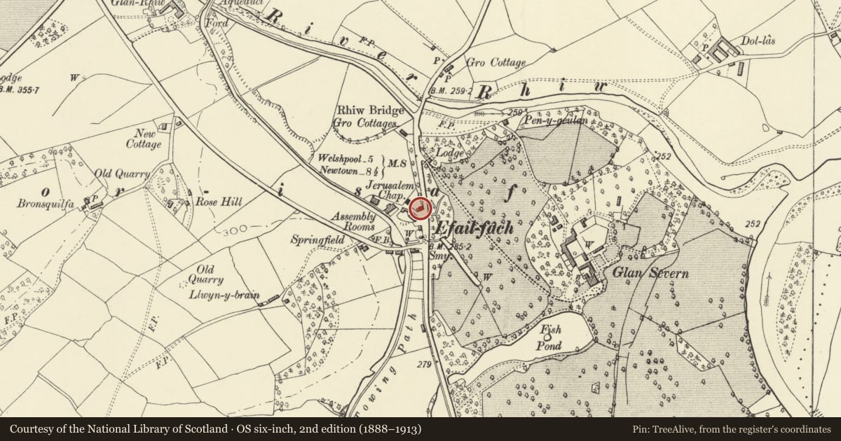 Ordnance Survey six-inch map, 2nd edition (1888–1913) covering the location of Efail Fach Cottage, Berriew, Powys, with a pin at the register's coordinates
