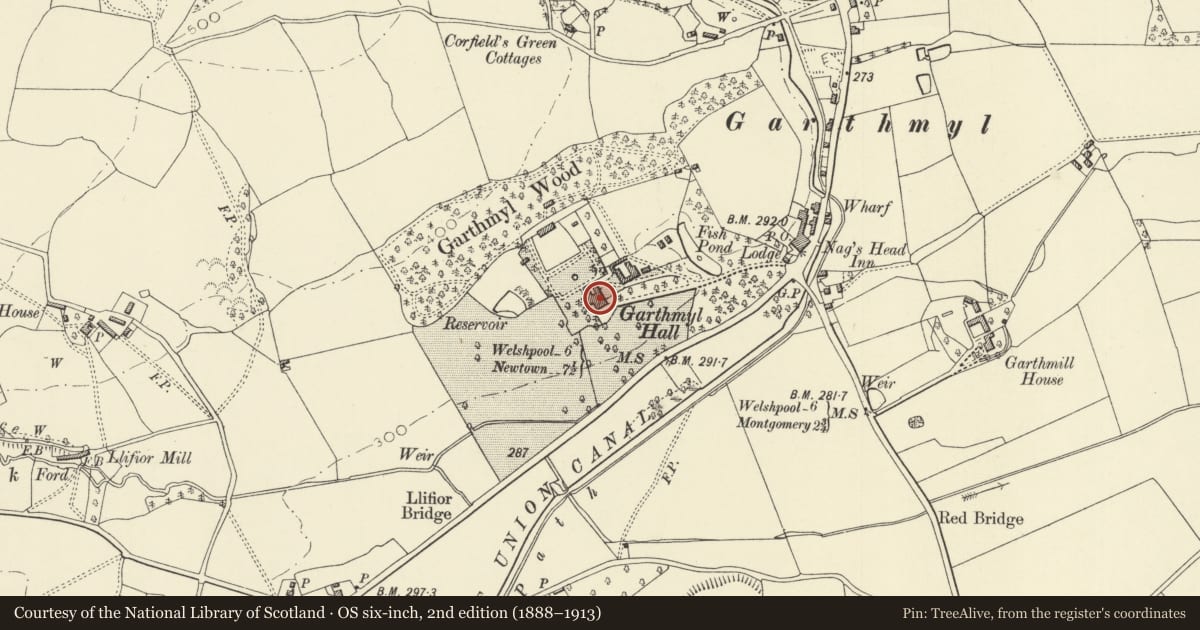 Ordnance Survey six-inch map, 2nd edition (1888–1913) covering the location of Garthmyl Hall, Berriew, Powys, with a pin at the register's coordinates