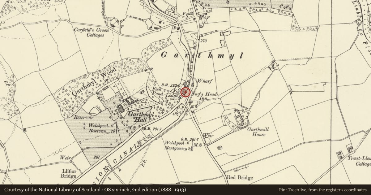 Ordnance Survey six-inch map, 2nd edition (1888–1913) covering the location of Nags Head PH, Berriew, Powys, with a pin at the register's coordinates
