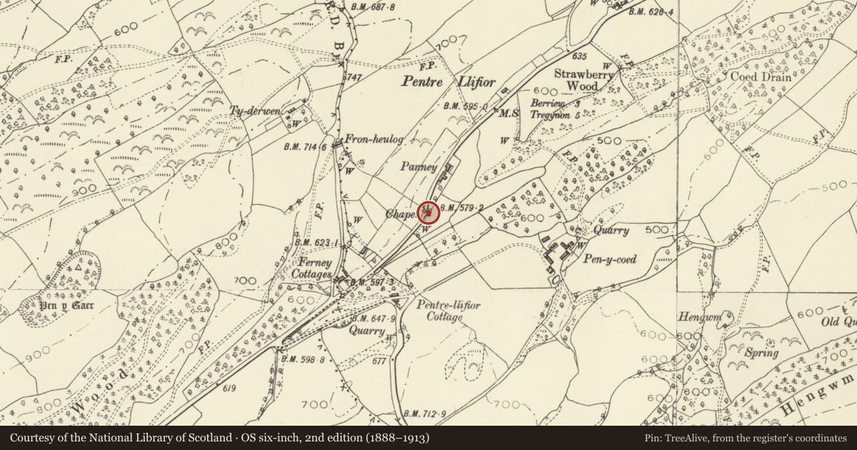 Ordnance Survey six-inch map, 2nd edition (1888–1913) covering the location of Pentre Llifior Methodist Chapel, Berriew, Powys, with a pin at the register's coordinates
