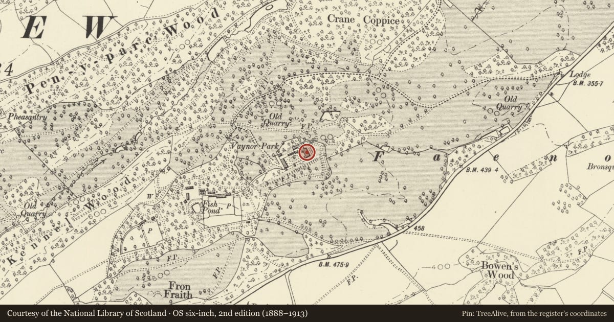 Ordnance Survey six-inch map, 2nd edition (1888–1913) covering the location of Vaynor Park, Berriew, Powys, with a pin at the register's coordinates