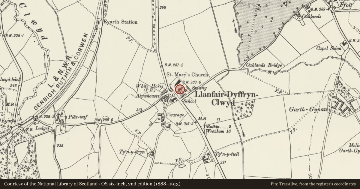 Ordnance Survey six-inch map, 2nd edition (1888–1913) covering the location of Lychgate at St Cynfarch and St Mary's Church, Llanfair Dyffryn Clwyd, Denbighshire, with a pin at the register's coordinates