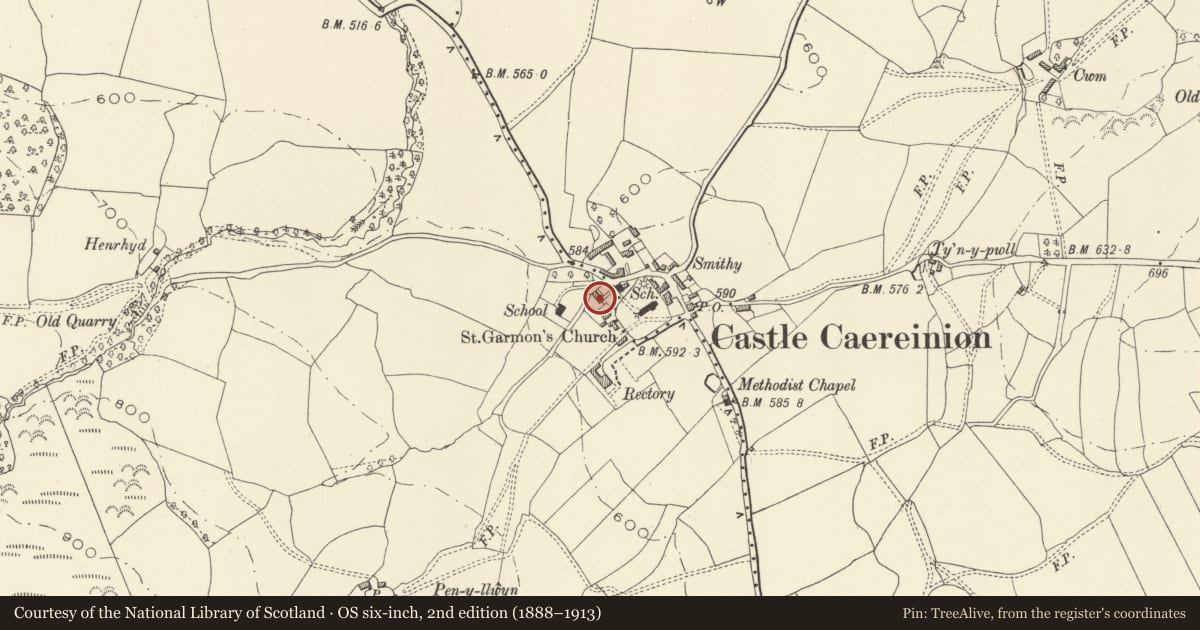 Ordnance Survey six-inch map, 2nd edition (1888–1913) covering the location of Orchard Cottage and Brookside, Castle Caereinion, Powys, with a pin at the register's coordinates