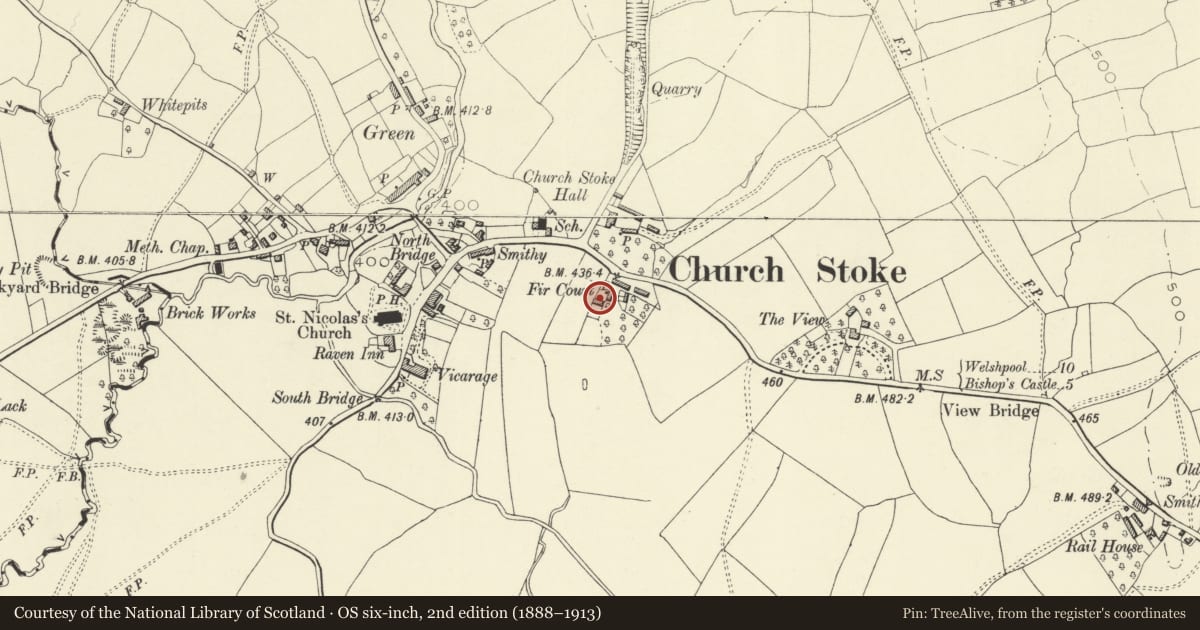 Ordnance Survey six-inch map, 2nd edition (1888–1913) covering the location of Fir Court, Churchstoke, Powys, with a pin at the register's coordinates