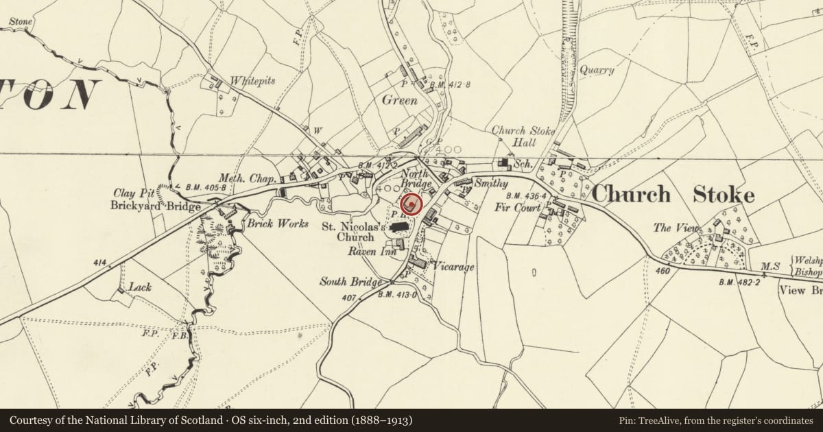 Ordnance Survey six-inch map, 2nd edition (1888–1913) covering the location of The Court House Inn, Churchstoke, Powys, with a pin at the register's coordinates