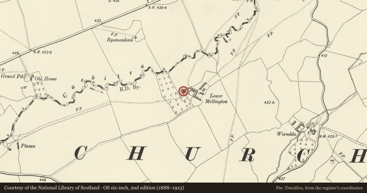 Ordnance Survey six-inch map, 2nd edition (1888–1913) covering the location of Lower Mellington Farmhouse, Churchstoke, Powys, with a pin at the register's coordinates