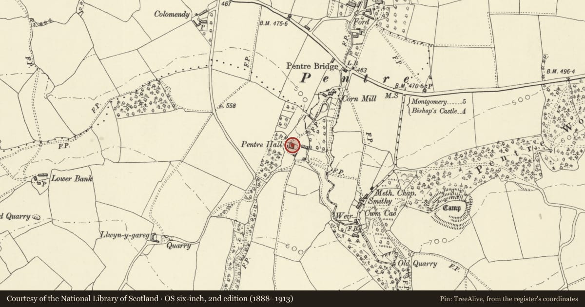 Ordnance Survey six-inch map, 2nd edition (1888–1913) covering the location of Pentre Hall, Churchstoke, Powys, with a pin at the register's coordinates