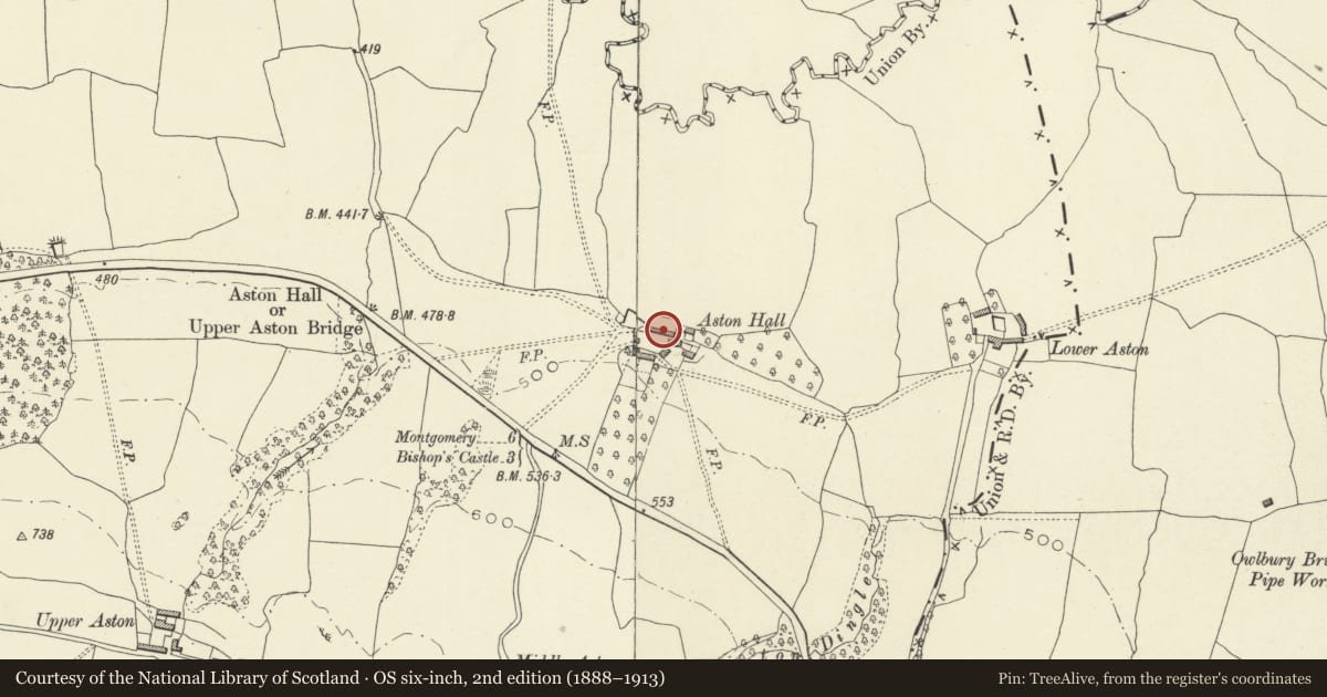 Ordnance Survey six-inch map, 2nd edition (1888–1913) covering the location of Aston Hall, Churchstoke, Powys, with a pin at the register's coordinates