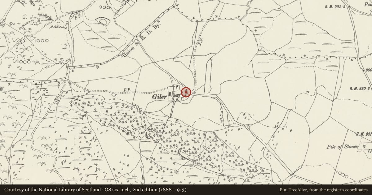 Ordnance Survey six-inch map, 2nd edition (1888–1913) covering the location of Barn at Gilar, Pentrefoelas, Conwy, with a pin at the register's coordinates