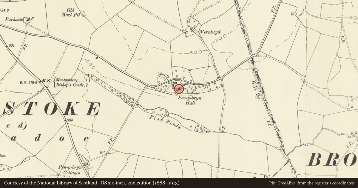 Ordnance Survey six-inch map, 2nd edition (1888–1913) covering the location of Pen-y-Bryn Hall, Montgomery, Powys, with a pin at the register's coordinates