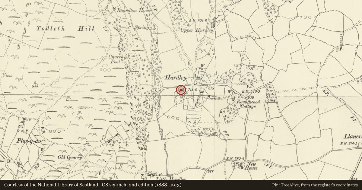 Ordnance Survey six-inch map, 2nd edition (1888–1913) covering the location of Hurdley Hall, Churchstoke, Powys, with a pin at the register's coordinates