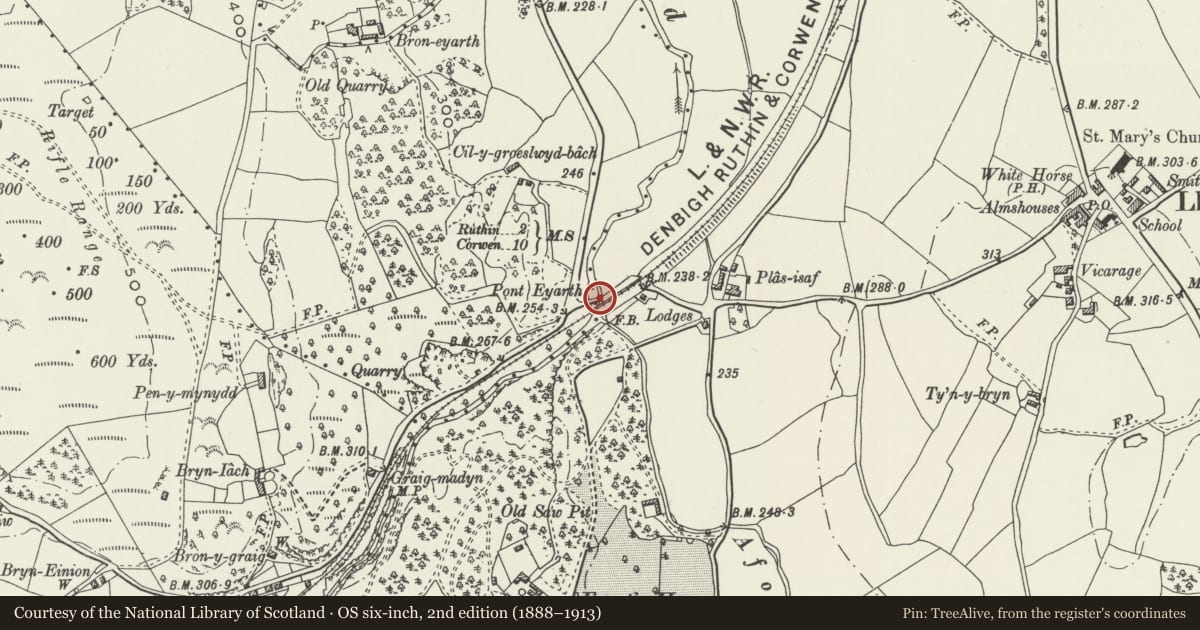 Ordnance Survey six-inch map, 2nd edition (1888–1913) covering the location of Pont Eyarth, Llanfair Dyffryn Clwyd, Denbighshire, with a pin at the register's coordinates