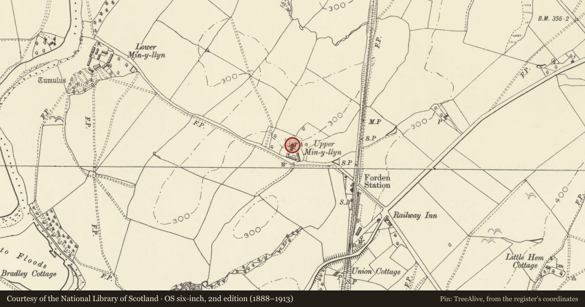 Ordnance Survey six-inch map, 2nd edition (1888–1913) covering the location of Upper Munlyn Farmhouse, Forden with Leighton and Trelystan, Powys, with a pin at the register's coordinates
