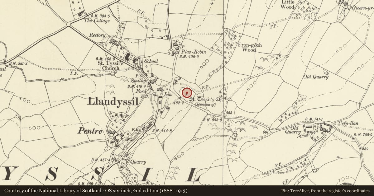 Ordnance Survey six-inch map, 2nd edition (1888–1913) covering the location of Old Church of St. Tyssil, Llandyssil, Powys, with a pin at the register's coordinates