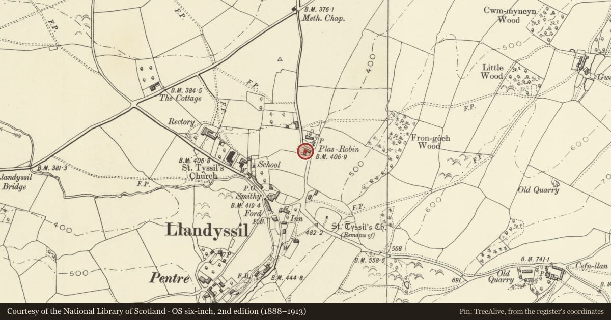 Ordnance Survey six-inch map, 2nd edition (1888–1913) covering the location of Phipps Tenement, Llandyssil, Powys, with a pin at the register's coordinates