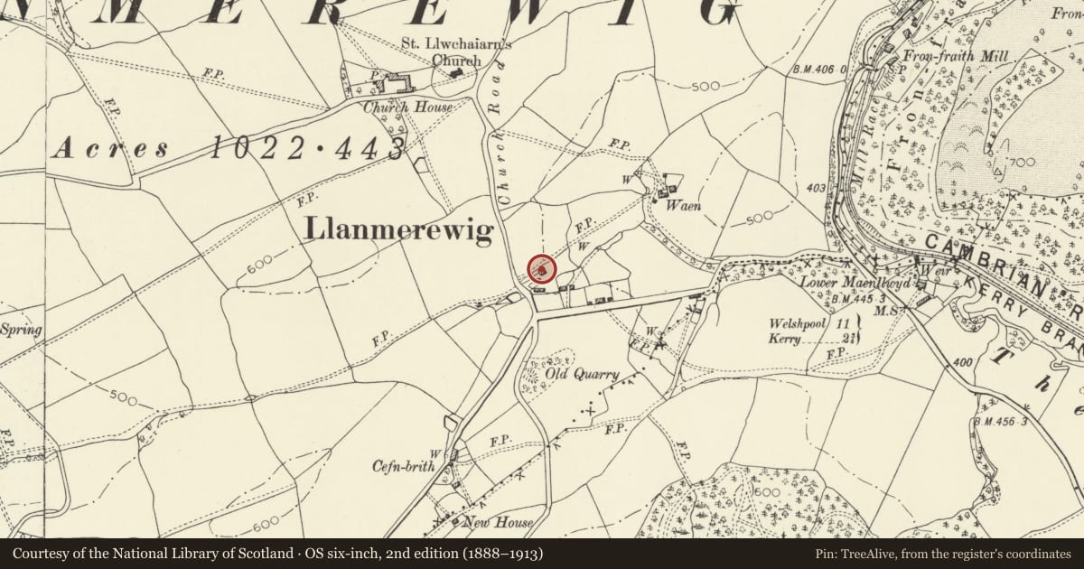 Ordnance Survey six-inch map, 2nd edition (1888–1913) covering the location of The Old Rectory, Llandyssil, Powys, with a pin at the register's coordinates