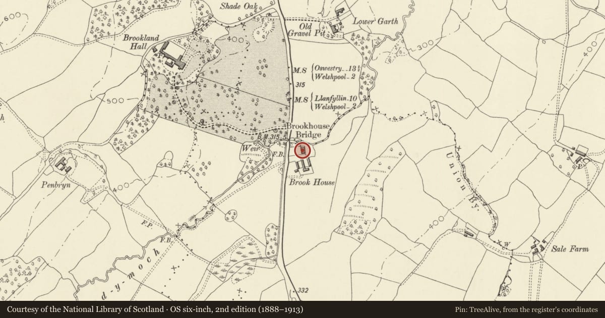 Ordnance Survey six-inch map, 2nd edition (1888–1913) covering the location of Brook House Farmhouse, Welshpool, Powys, with a pin at the register's coordinates