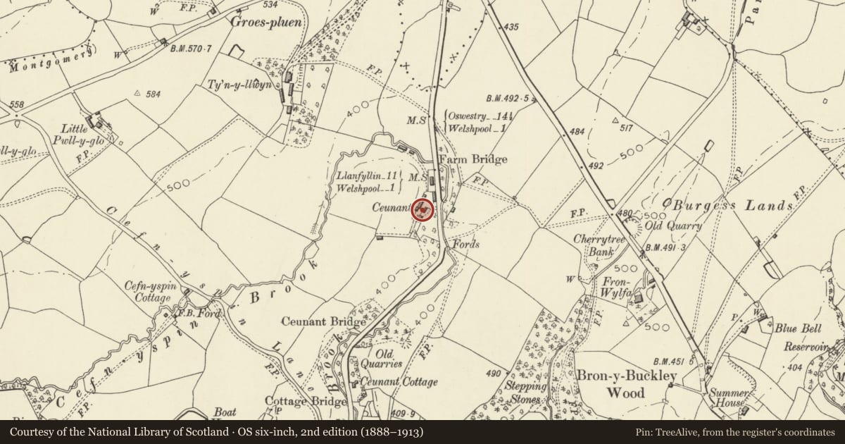 Ordnance Survey six-inch map, 2nd edition (1888–1913) covering the location of Ceunant Farmhouse, Welshpool, Powys, with a pin at the register's coordinates