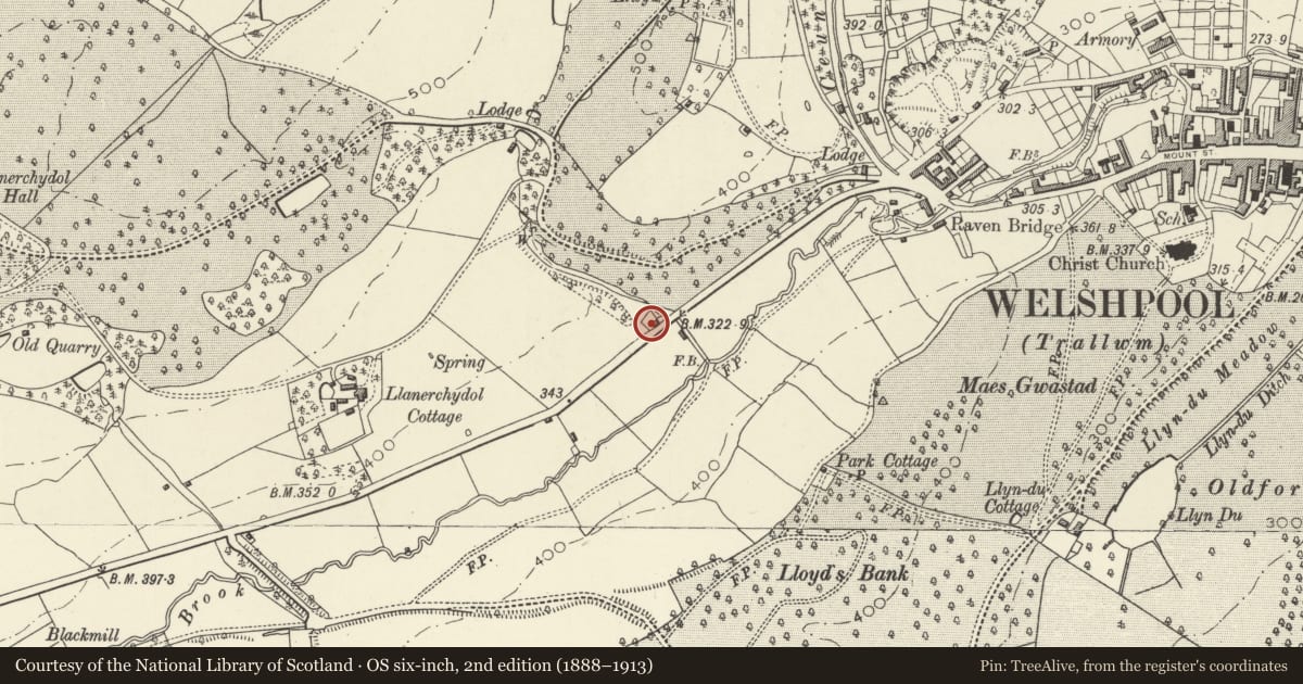 Ordnance Survey six-inch map, 2nd edition (1888–1913) covering the location of Gate House, Welshpool, Powys, with a pin at the register's coordinates