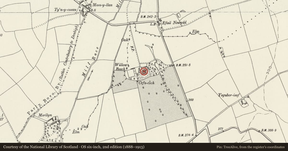 Ordnance Survey six-inch map, 2nd edition (1888–1913) covering the location of Cefn-coch farmhouse, Llanfair Dyffryn Clwyd, Denbighshire, with a pin at the register's coordinates