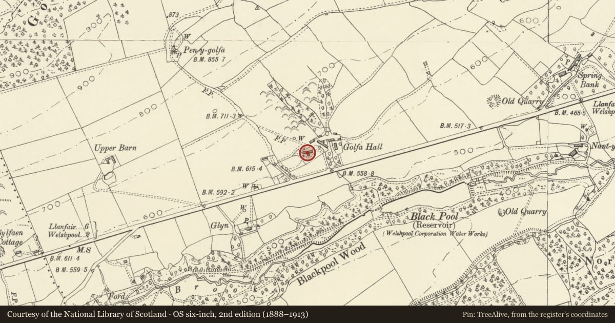Ordnance Survey six-inch map, 2nd edition (1888–1913) covering the location of Golfa Hall, Welshpool, Powys, with a pin at the register's coordinates